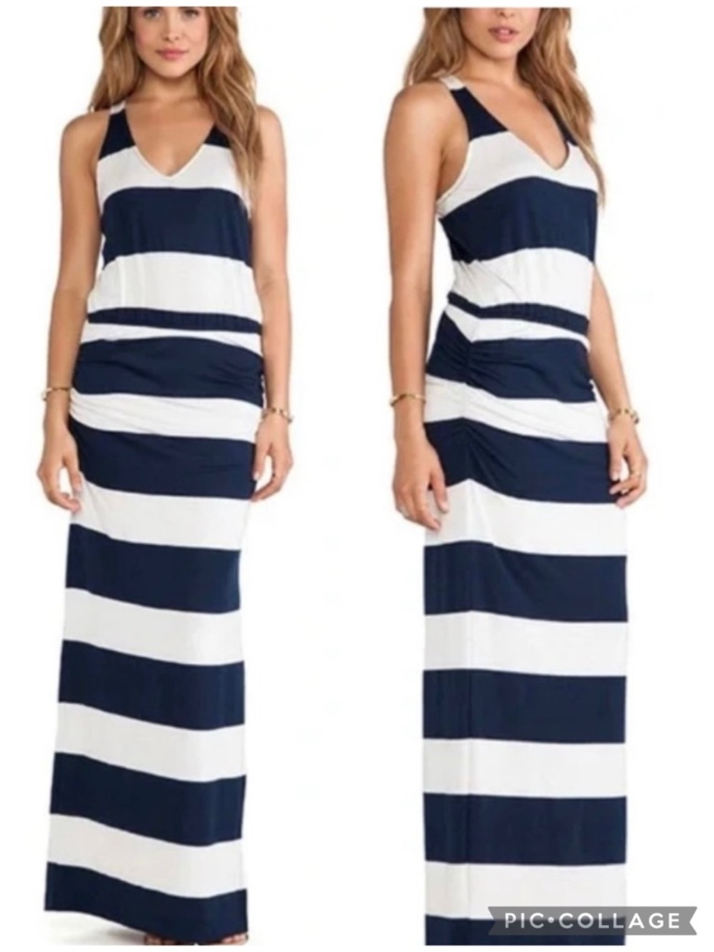 Splendid Luna Lake Navy Blue White Striped Ruched Maxi Dress M Nautical